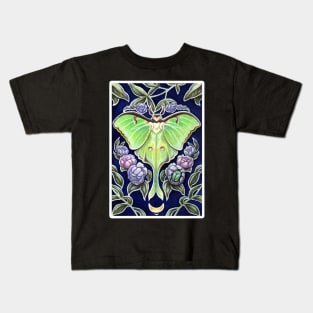 Luna Moth and Flower - White Outlined Version Kids T-Shirt